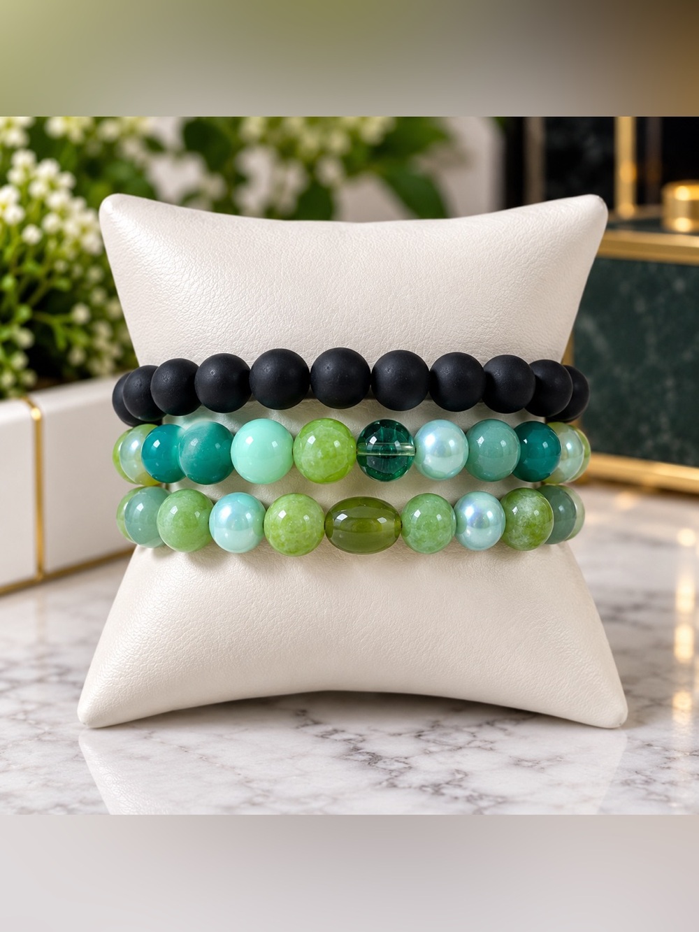 Matte Black and Mixed Green Bead Bracelet Stack - Women Jewelry